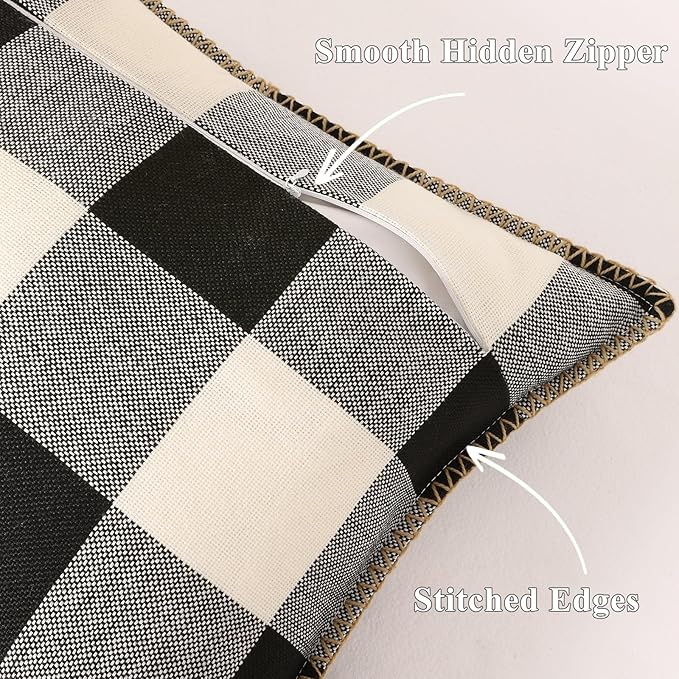 decorUhome Buffalo Plaid Check Throw Pillow Covers 12x20 Set of 2, Outdoor Lumbar Decorative Farmhouse Neutral Pillow Covers with Stitched Edge for Bed Couch Sofa, Black and White