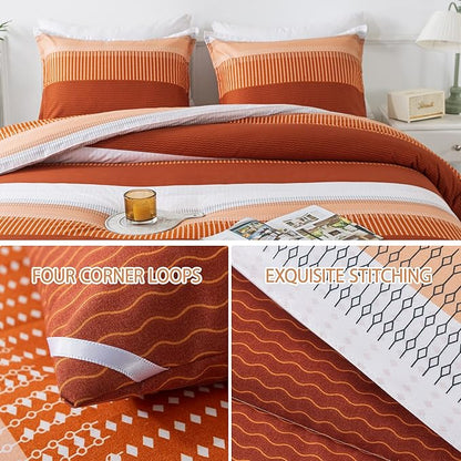 Andency Stripe Comforter Set Twin Size (66x90 Inch), 2 Pieces Terracotta Patchwork Striped Comforter, Soft Microfiber Down Alternative Comforter Bedding Set with Corner Loops