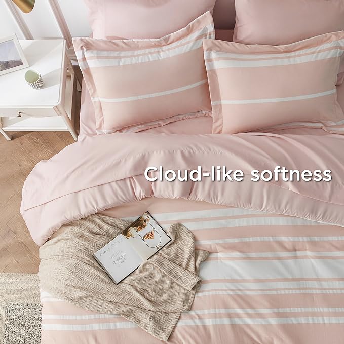 Bedsure Light Pink Comforter Set Queen 7 Pieces, Light Pink White Striped Bedding Sets All Season Bed in a Bag, 2 Pillow Shams, Flat Sheet, Fitted Sheet and 2 Pillowcases