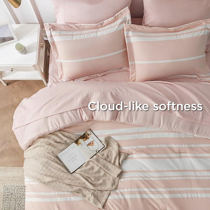 Bedsure Light Pink Comforter Set Queen 7 Pieces, Light Pink White Striped Bedding Sets All Season Bed in a Bag, 2 Pillow Shams, Flat Sheet, Fitted Sheet and 2 Pillowcases