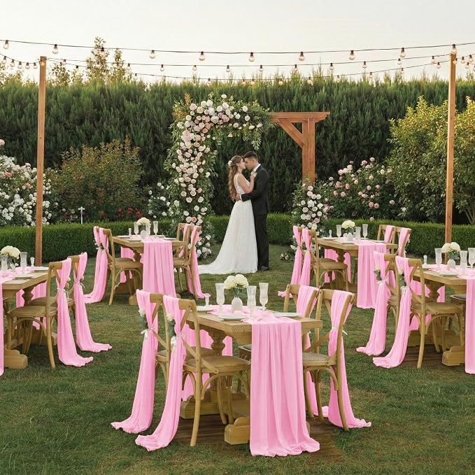 Pack of 25 | Rose Pink | 10ft Chiffon Table Runner 29x120 Inches Long Romantic Rustic Sheer Gauze Runner for Wedding Bridal Shower Birthday Banquets Engagement Spring Easter Boho Decorations