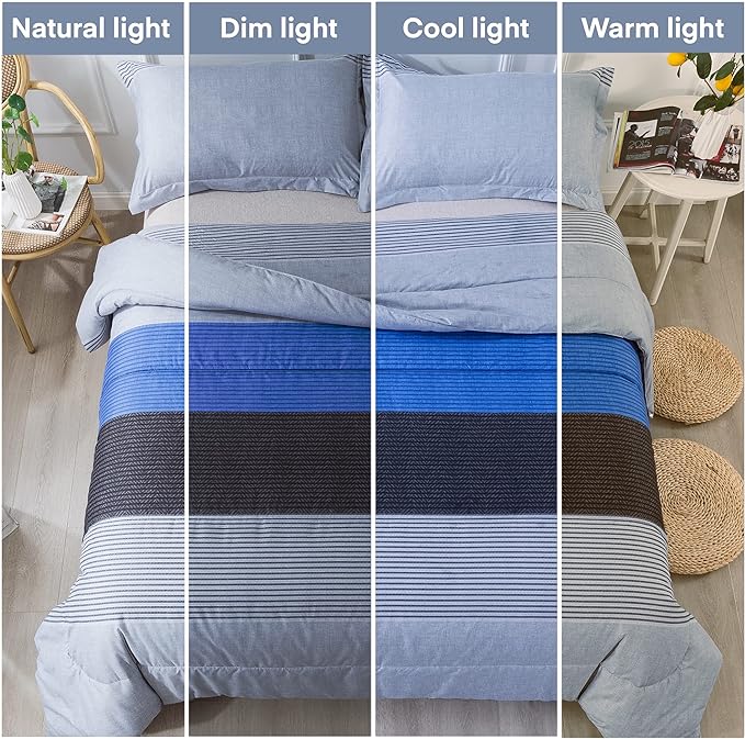 Andency Stripe Comforter Set Queen Size (90x90 Inch), 3 Pieces Gray and Blue Patchwork Striped Comforter, Soft Microfiber Down Alternative Comforter Bedding Set with Corner Loops