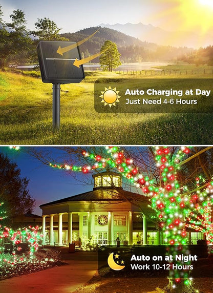 Minetom Solar Christmas Lights Outdoor Waterproof, 2 Pack Total 80FT 200 LED Solar Lights with 8 Modes, Solar Christmas Outdoor Decoration, Solar String Lights for Outside House Tree,Red Green & White