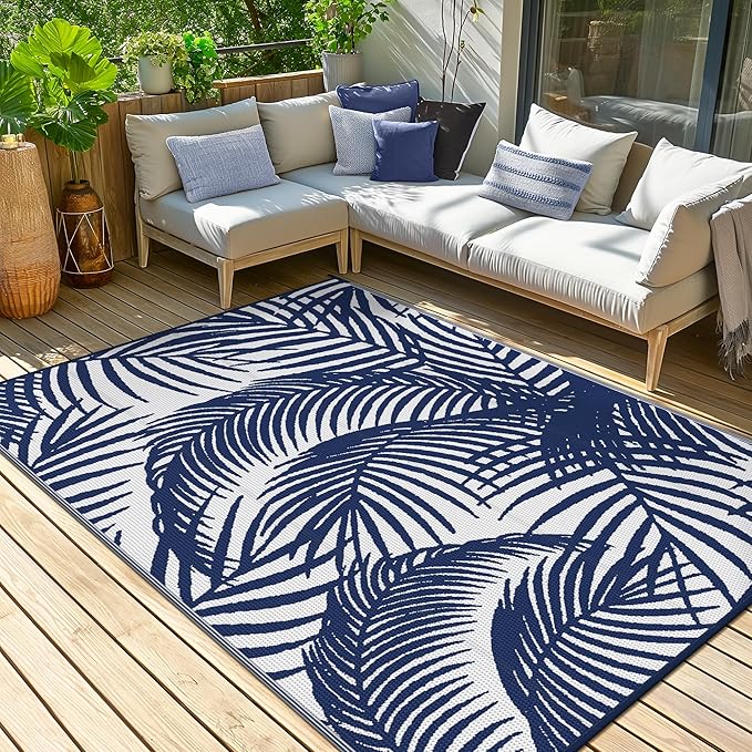 GENIMO Outdoor Rug 5' x 8' Waterproof for Patio Clearance, Reversible Plastic Straw Camping Carpet, Lightweight Mats for Rv, Backyard, Deck, Porch, Picnic, Beach, Balcony, Blue & White