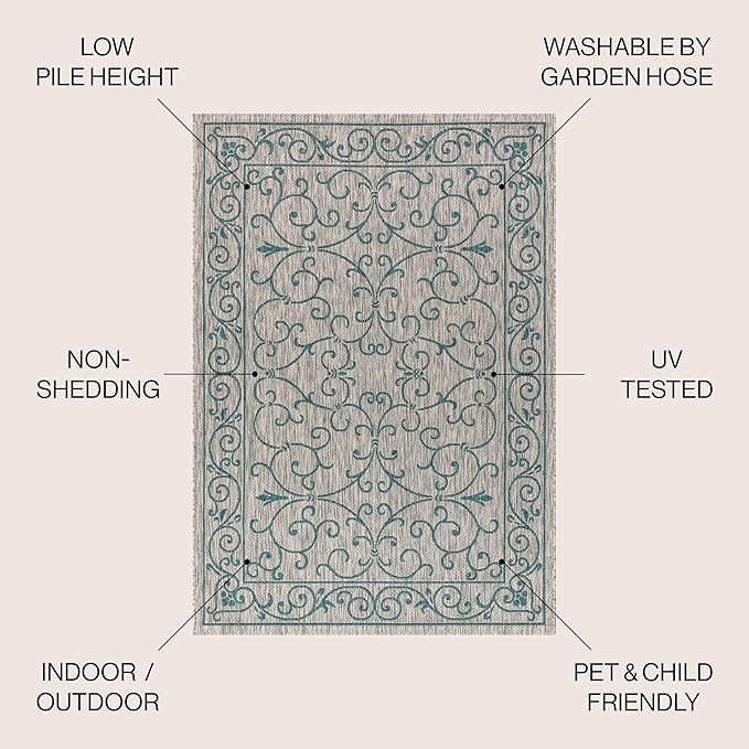 JONATHAN Y Vintage Filigree Indoor Outdoor Square Area Rug 6X6 Gray/Teal, Charleston Textured Weave for Backyard, Patio, Porch, Easy-Cleaning, High Traffic, Pet-Friendly, Non-Shedding (SMB106E-6SQ)