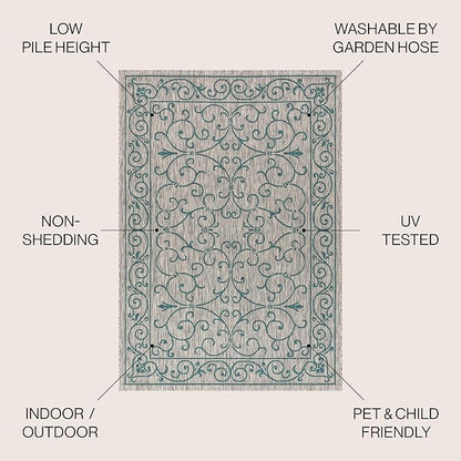 JONATHAN Y Vintage Filigree Indoor Outdoor Square Area Rug 6X6 Gray/Teal, Charleston Textured Weave for Backyard, Patio, Porch, Easy-Cleaning, High Traffic, Pet-Friendly, Non-Shedding (SMB106E-6SQ)