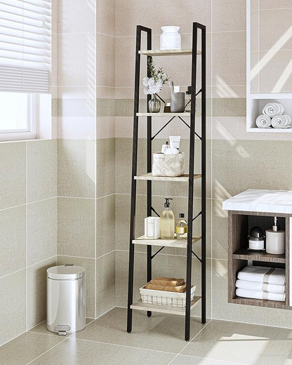 Ladder Shelf, Bookshelf Bookcase, Freestanding Corner Storage Shelve with 2 Hooks for Home Office, Living Room, Kitchen, Bedroom, Industrial, 5-Tier Greige BC03205B