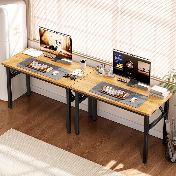 DlandHome 35.8 Inch Small Folding Computer Desk for Home Office, Teak Black | Foldable Writing Table for Small Spaces Bedroom, No Assembly Required, Wood Top Metal Frame, Collapsible Compact Easy Storage