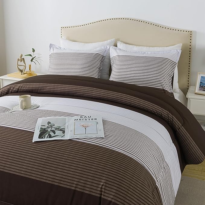 Andency Stripe Comforter Set Twin Size (66x90 Inch), 2 Pieces Brown Patchwork Striped Comforter, Soft Microfiber Down Alternative Comforter Bedding Set with Corner Loops