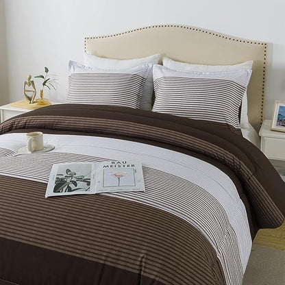 Andency Stripe Comforter Set Twin Size (66x90 Inch), 2 Pieces Brown Patchwork Striped Comforter, Soft Microfiber Down Alternative Comforter Bedding Set with Corner Loops