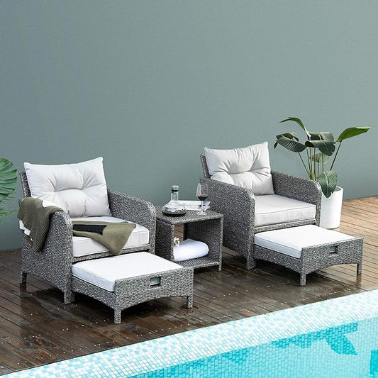 Pamapic 5 Pieces Outdoor Patio Wicker Chairs Set with Ottoman .Outside Conversation Furniture set with Cushions and Coffee for Balcony Porch Lawn Garden Table(Grey Cushion+Light Grey Rattan)