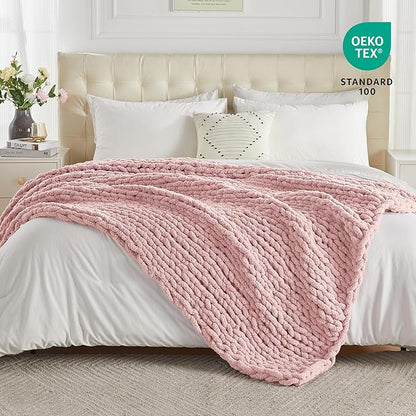 Carriediosa Chunky Knit Throw Blanket 60" X 80" Twin, 100% Hand Made Large Chenille Loop Yarn Soft Fluffy Throws for Couch Sofa Bed, Big Crochet Cozy Heavy Thick Cable Woven Blankets, Dusty Pink