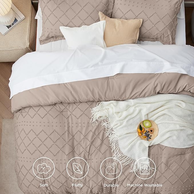 Bedsure Twin/Twin XL Comforter Set - Taupe Boho Twin Extra Long Comforter Set for College, Shabby Chic Dorm Bedding Set, 2 Pieces Modern Farmhouse Bed Set, includes 1 Pillow Sham