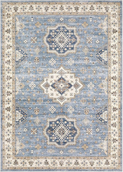 Washable Area Rugs for Living Room -9x12 Neutral Vintage Distressed Floral Farmhouse Boho Large Soft Floor Rug Indoor Non Slip Carpet for Living Room Bedroom Dining Room Office - Blue