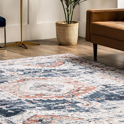 nuLOOM Evette Traditional Medallion Machine Washable Ultra Thin Area Rug, 8' x 10', Navy