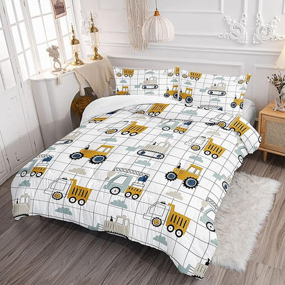 Datura home Construction Truck Comforter Set for Boys Kids Children, Machinery Excavators Vehicles Cartoon Tractor Bedding with 1 and 2 Pillowcases(Construction Queen 90x90inches)