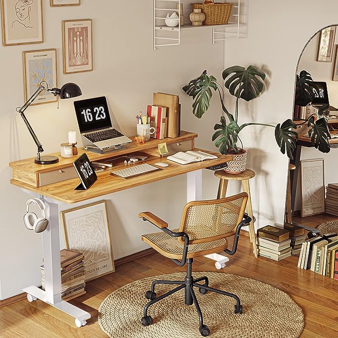 FEZIBO 55 x 24 Inch Height Adjustable Electric Standing Desk with Double Drawer, Stand Up Desk with Storage Shelf, Sit Stand Desk, Light Rustic