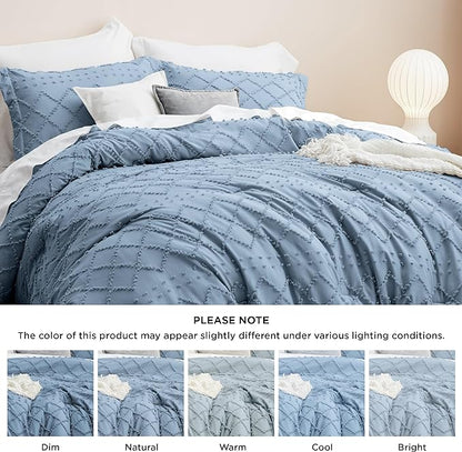 Bedsure Full Size Comforter Set - Grayish Blue Comforter, Boho Tufted Shabby Chic Bedding Comforter Set, 3 Pieces Farmhouse Bed Set for All Seasons, Fluffy Soft Bedding Set with 2 Pillow Shams