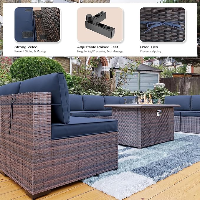 Kullavik 13 Pieces Outdoor Patio Furniture Set with 43" 55000BTU Gas Propane Fire Pit Table PE Wicker Rattan Sectional Sofa Patio Conversation Sets,Navy Blue