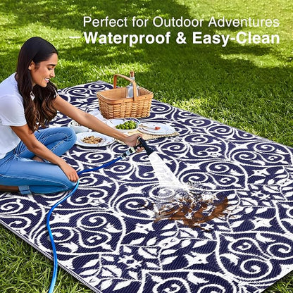 OLANLY Outdoor Rug Waterproof 5x8 ft Clearance, Reversible Outdoor Plastic Straw Rug with Floral Pattern, RV Mat for Patio, Camping, Balcony, Deck, Backyard, Navy & White