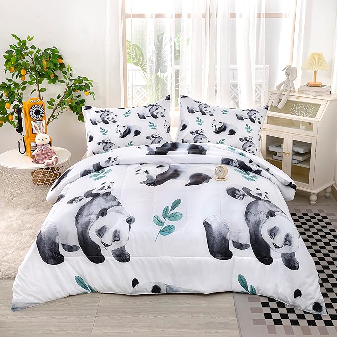 CVHOUSE Panda Bedding Set,Panda Comforter Twin,Cute Panda Comforter Set for Girls Kids Teens,Kawaii Panda Quilt Set with 1 Comforter and 2 Pillow Cases- 3 Piece