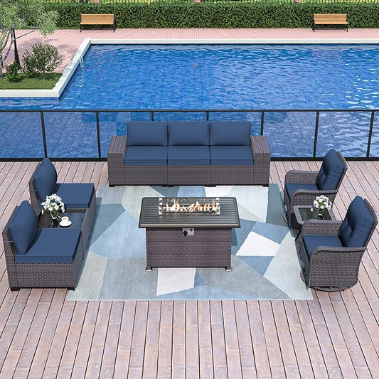 Patio Furniture Sectional Sofa Set 10-Pieces PE Rattan Swivel Rocking Chairs Outdoor Furniture Set w/43in Gas Fire Pit Table, Patio Conversation with 55000 BTU Propane Fire Pit, Navy Blue