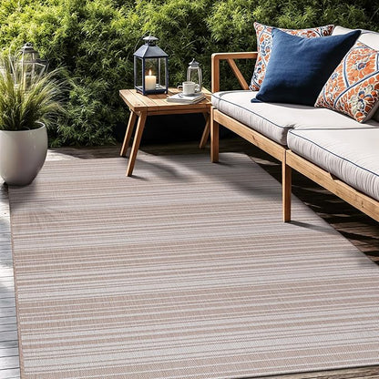 Stripe Outdoor Rug 10x14 Washable Outside Carpet for Indoor Patio Porch Waterproof Easy Cleaning Non Shedding Area Rugs Beige 10 x 14