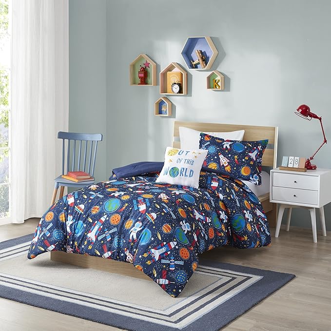 Mi Zone Kids Jason Cozy Comforter Outer Space Rocket Ships, Astronauts Print, All Season Cover, Hypoallergenic Bedding Set, Matching Sham, Decorative Pillow, Twin(66" Wx86 L), Multi 3 Piece
