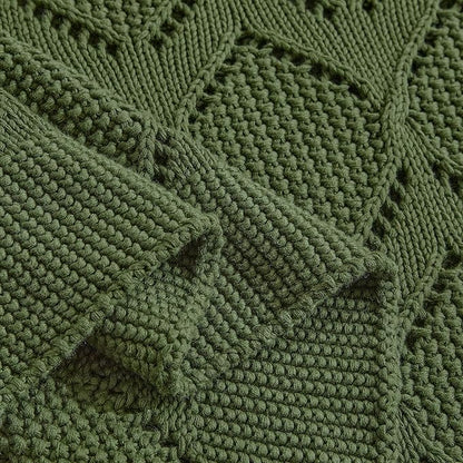 Longhui bedding Chunky Cotton Knit Throw Blanket for Couch, Sofa, Bed, or Chair, Decorative Breathable Fall Cable Knit Blanket 51 x 63 Inches, Olive Green