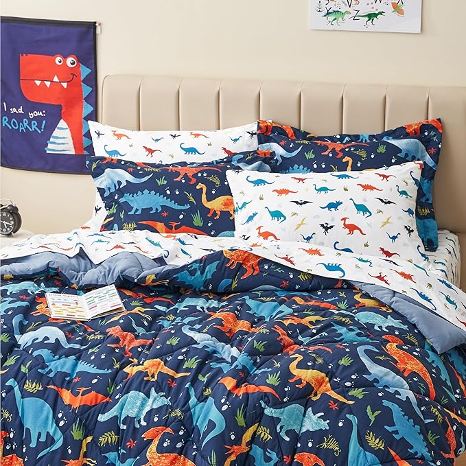 Kids Twin Dinosaur Bedding Comforter Set for Boys, 5 Pieces Twin Size Dinosaur Kids Bedding Set, Super Soft Lightweight Microfiber Comforter Set with Sheets for All Seasons