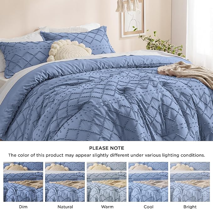 Bedsure Queen Comforter Set - Mineral Blue Comforter, Boho Tufted Shabby Chic Bedding Comforter Set, 3 Pieces Vintage Farmhouse Bed Set for All Seasons, Fluffy Soft Bedding Set with 2 Pillow Shams