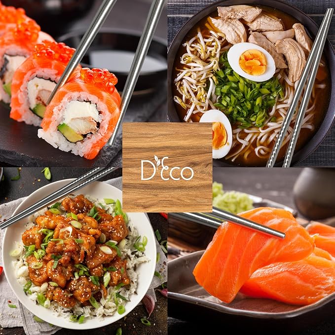 D'Eco Reusable Metal Chopsticks (4 Pairs)- Stainless Steel Twist Apart Silver Chopsticks & Travel Pouch- Lightweight, Durable, Dishwasher Safe- Great for Chinese Japanese Cuisine- On the Go Silverware