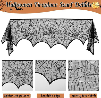 3 Pack Halloween Decorations Sets, Black Lace Spider Webs Table Runner & Halloween Cobweb Fireplace Scarf with 120 pcs 3D Bat for Halloween Indoor Decors Party Supplies