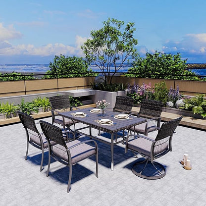 Pamapic 7 Piece Patio Dining Set for 6,Outdoor Wicker Furniture Set for Backyard Garden Deck Poolside with 4 Dining Chairs and 2 Swivel Rockers,Iron Slats Table Top, Removable Cushions(Gray)