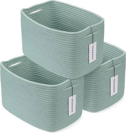 Cotton Rope storage Basket Bins Woven Basket for Organizing Shelves Rectangle Decorative Baskets For storage Clothes Toys Books Towels Square Wicker Nursery basket organizer 3 pack Green