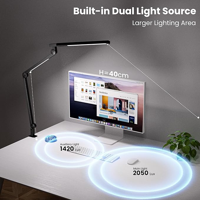 Desk Lamp, Desk Light with Clamp, Stepless Dimming & Adjustable Color Temperature Modern Eye-Caring Architect Lamp with Memory & Timing Function for Study, Work, Home, Office, 15W