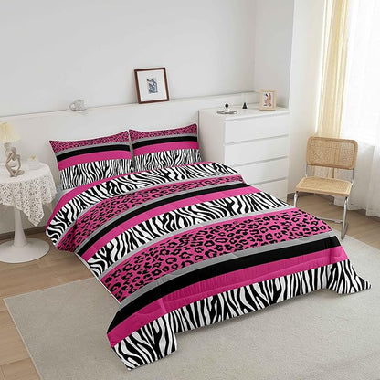 Zebra Stripes Comforter Leopard Print Comforter Set For Kids Boys Girls Pink Black White Zebra Leopard Fur Bedding Set Ultra Soft Decor Wild Animal Skin Texture Pattern Duvet Set Queen Size Quilt Set