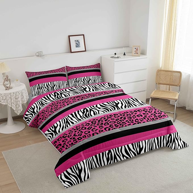 Zebra Stripes Comforter Leopard Print Comforter Set For Kids Boys Girls Pink Black White Zebra Leopard Fur Bedding Set Ultra Soft Decor Wild Animal Skin Texture Pattern Duvet Set Twin Size Quilt Set