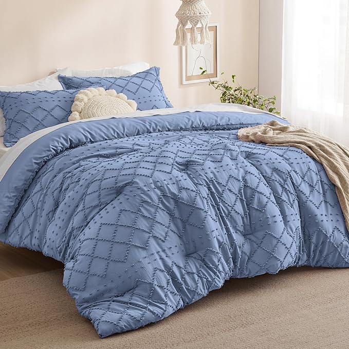 Bedsure Full Size Comforter Set - Mineral Blue Comforter, Boho Tufted Shabby Chic Bedding Comforter Set, 3 Pieces Farmhouse Bed Set for All Seasons, Fluffy Soft Bedding Set with 2 Pillow Shams