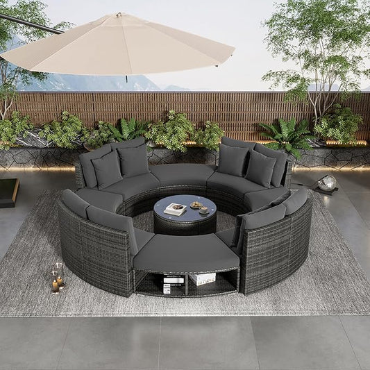9-Pieces Outdoor Patio Furniture Set, Rattan Wicker Circular Sectional Sofa with Storage, Tempered Glass Table and 6 Pillows, Garden Lawn Half Moon Conversation Couch, Grey