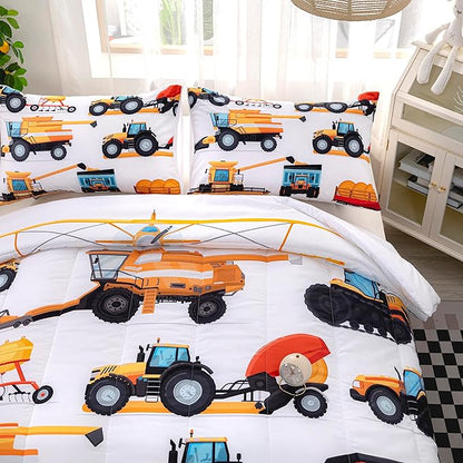 CVHOUSE Tractor Bedding Sets for Boys,Excavators Comforter Queen,Boys Cartoon Truck Comforter Set,Trucks Tractors Cars Quilt Set with 1 Comforter and 2 Pillow Cases- 3 Piece