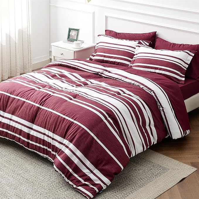 Bedsure Bed in a Bag California King Size 7-Piece Burgundy White Striped Bedding Comforter Sets All Season Bed Set, 2 Pillow Shams, Flat Sheet, Fitted Sheet and 2 Pillowcases