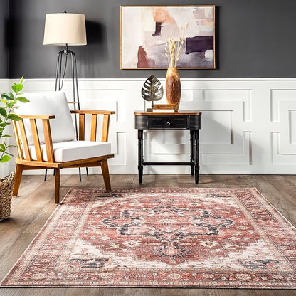nuLOOM Emmy Faded Persian Machine Washable Ultra Thin Area Rug, 5' x 8', Red