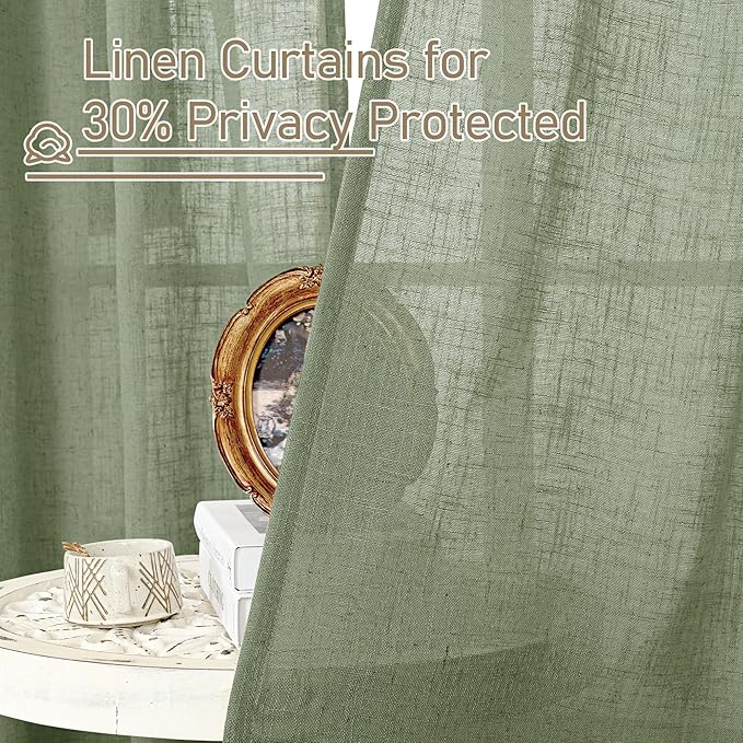 LAMIT Semi Sheer Linen Curtains 54 Inch Long 2 Panels, Sage Green Light Filtering Panels Bronze Grommet Linen Textured Christams Window Drapes for Kitchen/Windows/Bedroom, 52 x 54 Inch