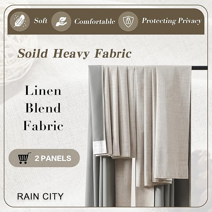 RAIN CITY Beige Color Blackout Curtains 90 Inch Long 2 Panels,Back Tab Pleated Heading Tape with Hooks,Minimalist Completely Shaded Thermal Insulated Noise Reducing French Door Drapes 50 Wide