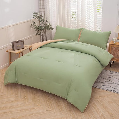NINENINE Sage Green Comforter Set Queen,Light Green Bedding Set,Comforter Set for Women Men, Solid Color Camel Green Comforter Sets with 1 Comforter 2Pillowcases