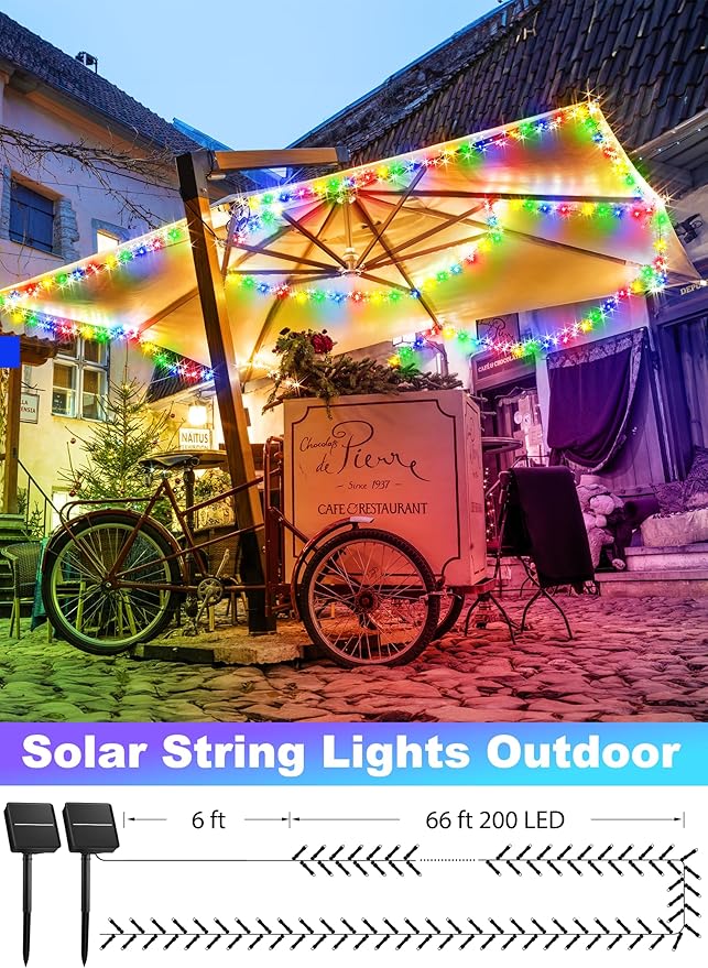 Minetom Christmas Lights Outdoor Solar Powered - 72FT 200 LED Christmas String Lights with 8 Lighting Modes, IP65 Waterproof Solar String Lights for Outside Tree Xmas Party Decoration, Multicolor