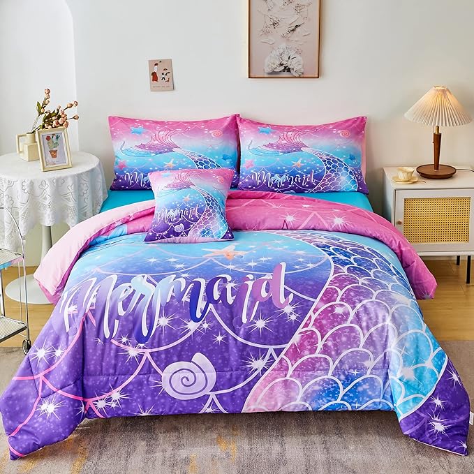 RYNGHIPY Mermaid Comforter Set 6Pcs, Kids Gilrs Bed in a Bag Queen Size, Mermaid Tail Print Teens Girls Bedding Set, Rainbow Bedding Collections