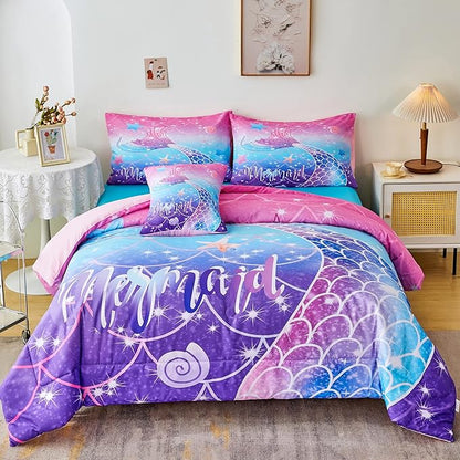 RYNGHIPY Mermaid Comforter Set 6Pcs, Kids Gilrs Bed in a Bag Queen Size, Mermaid Tail Print Teens Girls Bedding Set, Rainbow Bedding Collections