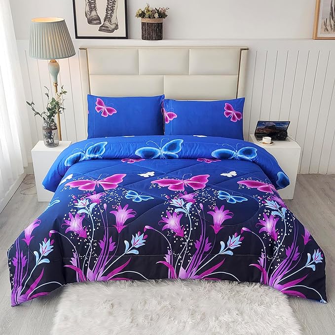 SDY 3PCS Butterfly Comforter Set Queen, Butterfly Bedroom Decor Quilt Bedding Bed in a Bag, Floral Quilts Queen Size for Girls, Kids, Toddler, Children, Teenage, Baby, Women…